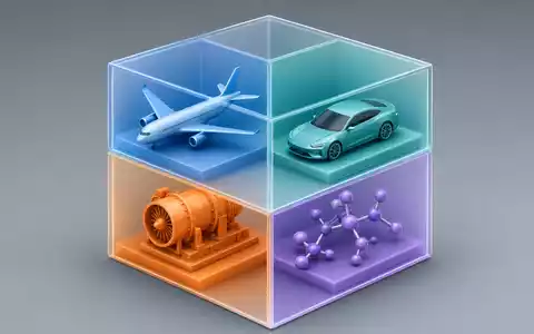 Dassault Systèmes FR0014003TT8 isometric cube contains miniature 3D models of airplane, car, machine, molecule - Foto: THN