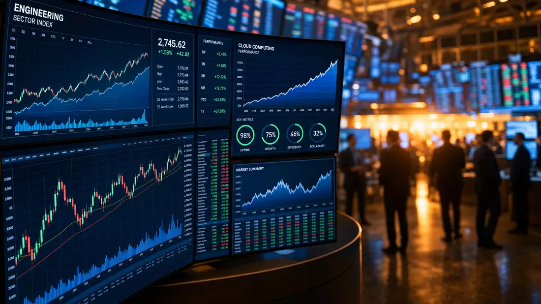 Trading screens showing engineering sector index and cloud computing performance charts in dark room