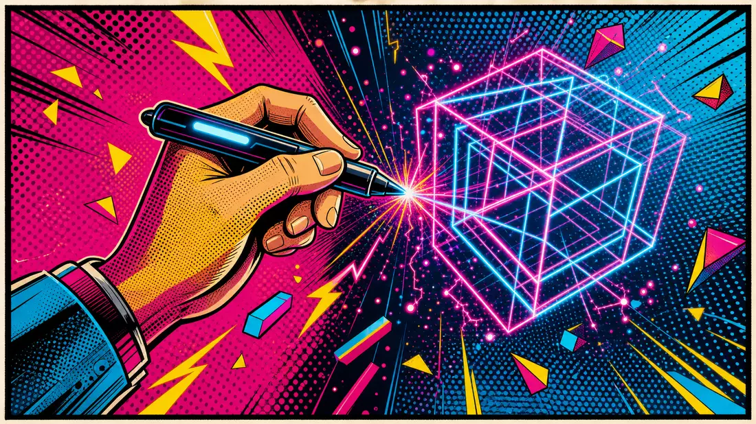Pop art comic illustration of hand drawing glowing neon 3D wireframe cube with bold halftone colors
