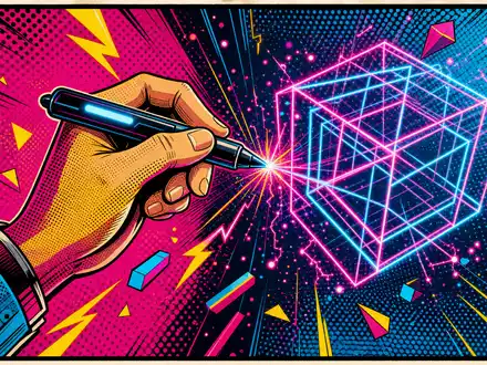 Dassault Systèmes FR0014003TT8 pop art comic hand draws luminous 3D wireframe cube in mid-air - Foto: THN