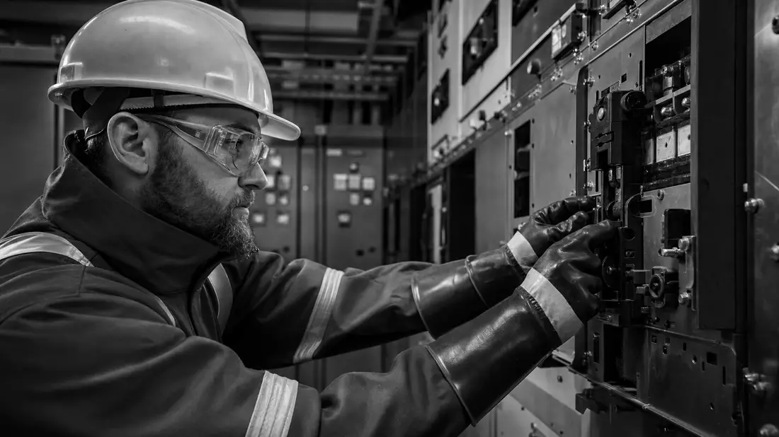 Black and white reportage photo of energy technician in hard hat inspecting industrial switchgear