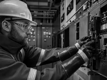 Endesa ES0105128005 zeigt einen Energietechniker mit Helm der eine Schaltanlage in Schwarz Weiss kontrolliert - Foto: THN