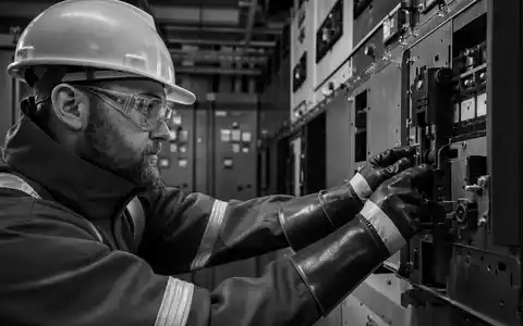 Endesa ES0105128005 zeigt einen Energietechniker mit Helm der eine Schaltanlage in Schwarz Weiss kontrolliert - Foto: THN