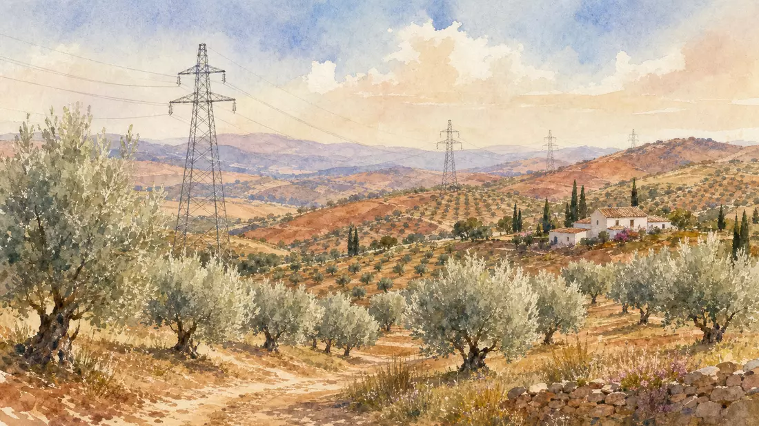 Watercolor painting of Andalusian hills with power pylons rising above silvery olive groves