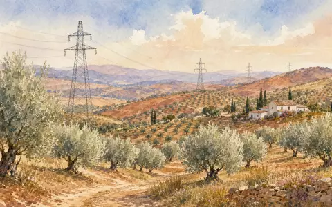 Endesa ES0105128005 andalusische Landschaft mit Strommasten ueber Olivenhainen gemalt in warmen Pastelltoenen - Foto: THN