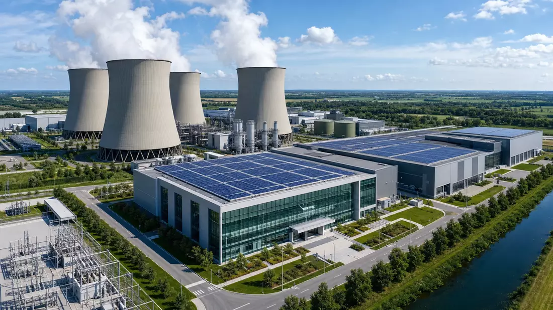 Architectural 3D render of modern energy facility with cooling towers and rooftop solar panels