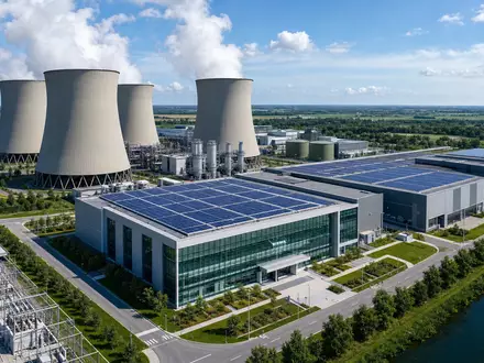 Endesa ES0105128005 moderne Energie Zentrale mit Kuehltuermen und grossem Solarpark auf dem Dach - Foto: THN