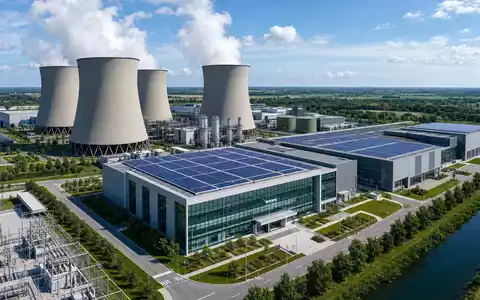 Endesa ES0105128005 moderne Energie Zentrale mit Kuehltuermen und grossem Solarpark auf dem Dach - Foto: THN