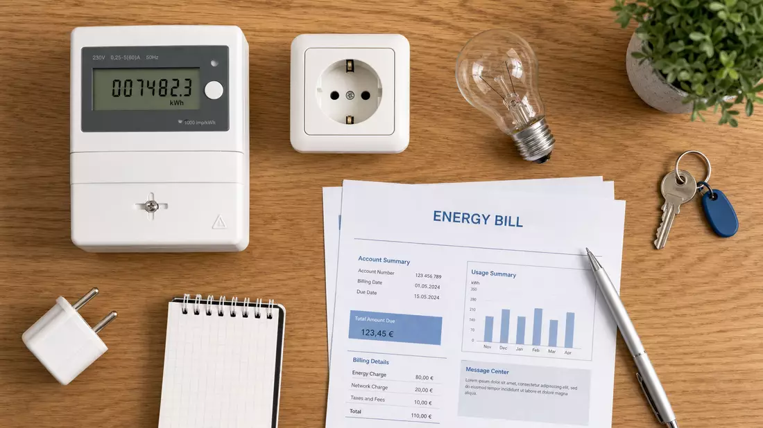 Flatlay overhead shot of electricity meter display, power socket, light bulb, and tariff documents on wood