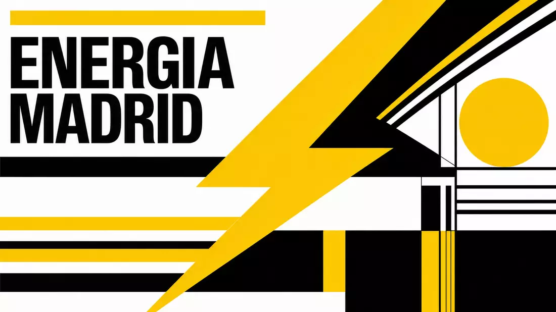 Bauhaus-style poster with bold yellow and black lightning bolt shape and ENERGIA MADRID typography