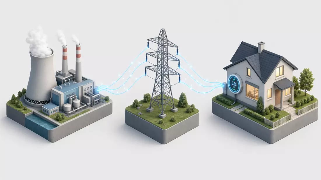 Isometric 3D illustration showing power grid chain from plant to pylon to house with smart meter