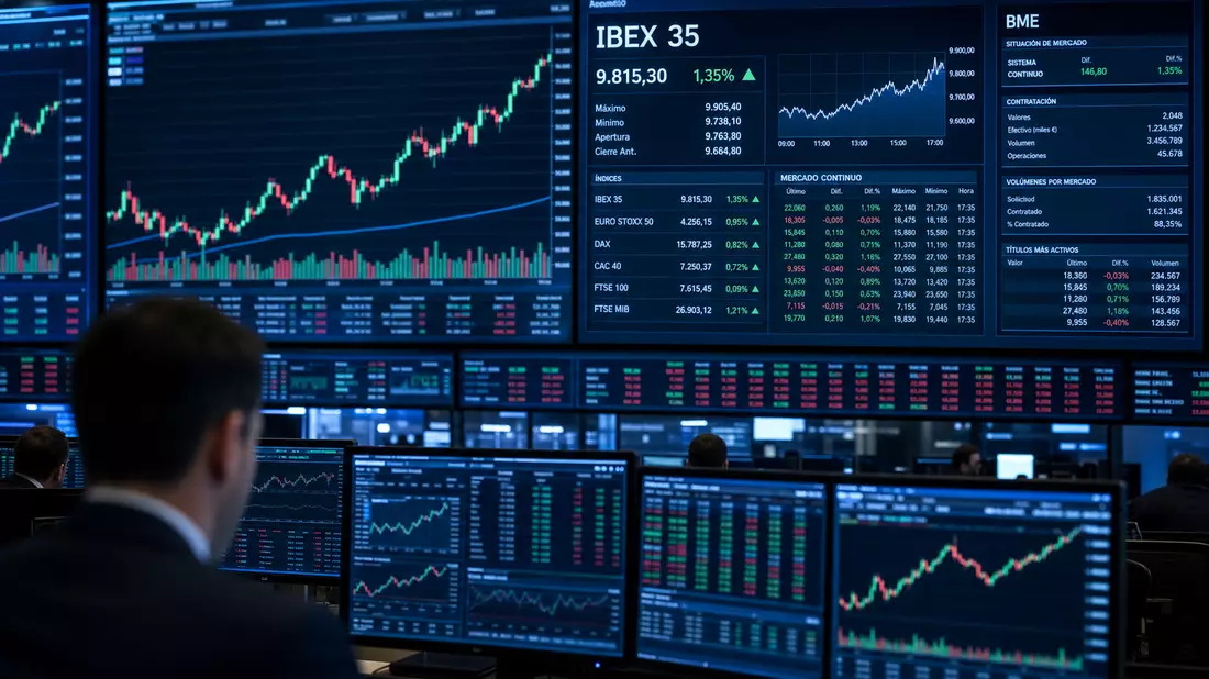 Stock exchange editorial showing multiple trading screens with energy sector charts and IBEX 35 data