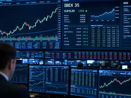 Endesa ES0105128005 Boersen Editorial mit Trading Bildschirmen Energiesektor Charts und IBEX 35 Ticker BME - Foto: THN