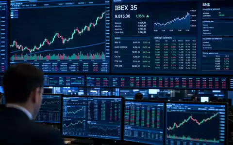 Endesa ES0105128005 Boersen Editorial mit Trading Bildschirmen Energiesektor Charts und IBEX 35 Ticker BME - Foto: THN
