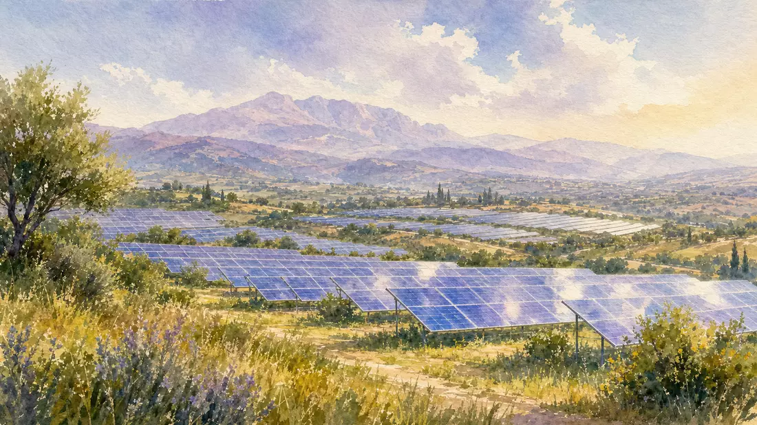 Aquarell eines Solarparks vor sanftem Bergpanorama in Pastellfarben, EDP Renováveis
