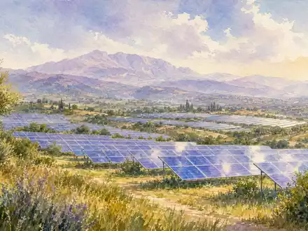 EDP Renováveis ES0144580Y14 im Aquarell: Solarpark mit sanften Pastellfarben vor stimmungsvollem Bergpanorama - Foto: THN