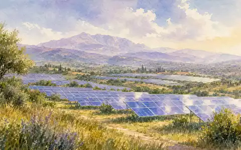 EDP Renováveis ES0144580Y14 im Aquarell: Solarpark mit sanften Pastellfarben vor stimmungsvollem Bergpanorama - Foto: THN