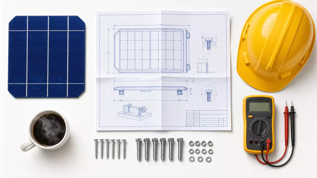 Flatlay-Arrangement aus Solarzelle, technischer Zeichnung, Helm, Multimeter und Kaffee