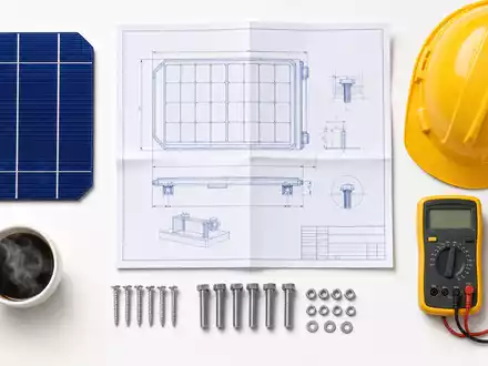 EDP Renováveis ES0144580Y14: Flatlay mit Solarzelle, technischer Zeichnung, Schutzhelm, Multimeter und Kaffeetasse - Foto: THN