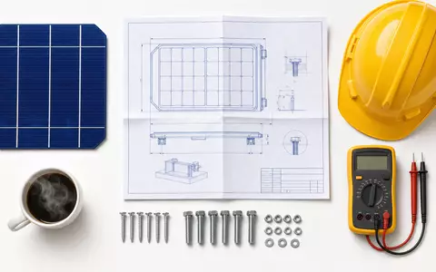 EDP Renováveis ES0144580Y14: Flatlay mit Solarzelle, technischer Zeichnung, Schutzhelm, Multimeter und Kaffeetasse - Foto: THN