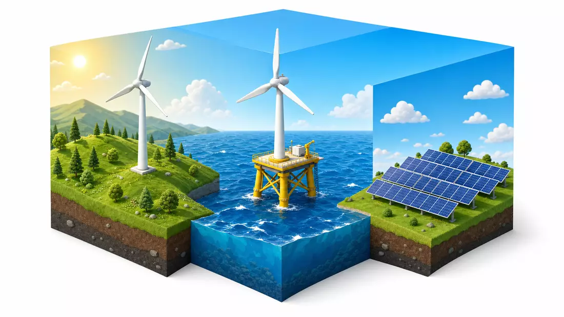 Isometrischer 3D-Würfel mit Onshore-Windrad, Offshore-Plattform und Solarpark nebeneinander
