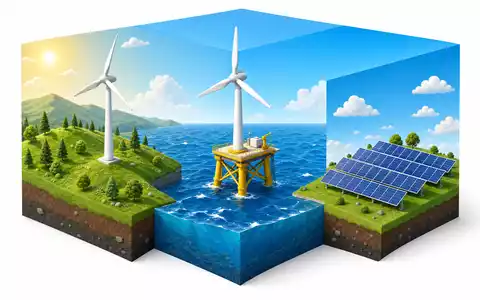 EDP Renováveis ES0144580Y14: Isometrischer 3D-Würfel kombiniert Onshore-Wind, Offshore-Plattform und Solaranlage in einem Bild. - Foto: THN