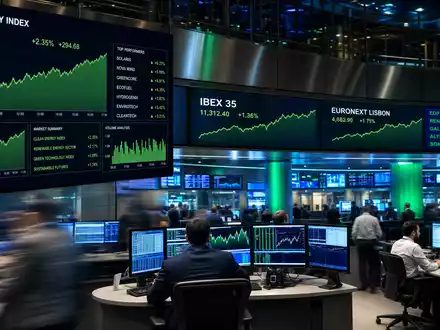 EDP Renováveis ES0144580Y14: Trading-Floor mit IBEX 35, EURONEXT LISBON und steigenden Erneuerbare-Energie-Aktiencharts - Foto: THN