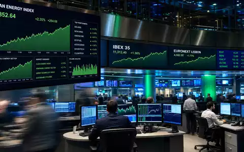 EDP Renováveis ES0144580Y14: Trading-Floor mit IBEX 35, EURONEXT LISBON und steigenden Erneuerbare-Energie-Aktiencharts. - Foto: THN