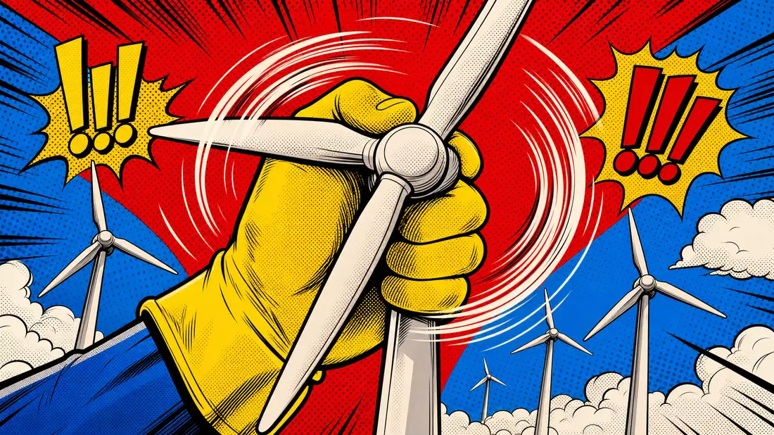 Pop-Art-Comic: Übergroße Hand dreht Windradrotoren in knalligen Primärfarben