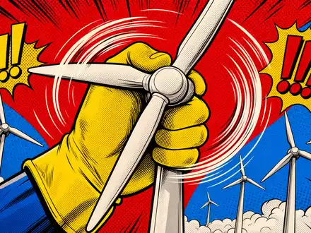 EDP Renováveis ES0144580Y14: Pop-Art-Comic zeigt übergroße Hand, die Windradrotoren in Primärfarben dreht. - Foto: THN