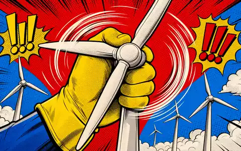 EDP Renováveis ES0144580Y14: Pop-Art-Comic zeigt übergroße Hand, die Windradrotoren in Primärfarben dreht - Foto: THN