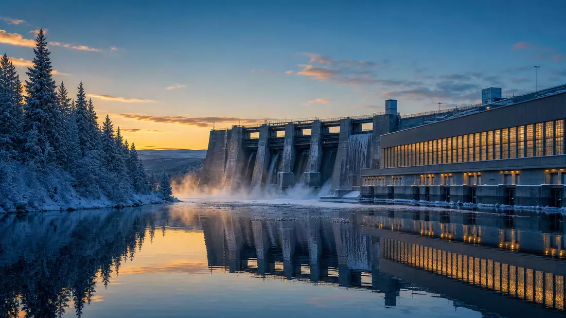 Photorealistic nordic hydropower dam at frozen lake under polar twilight sky with snow-covered conifers