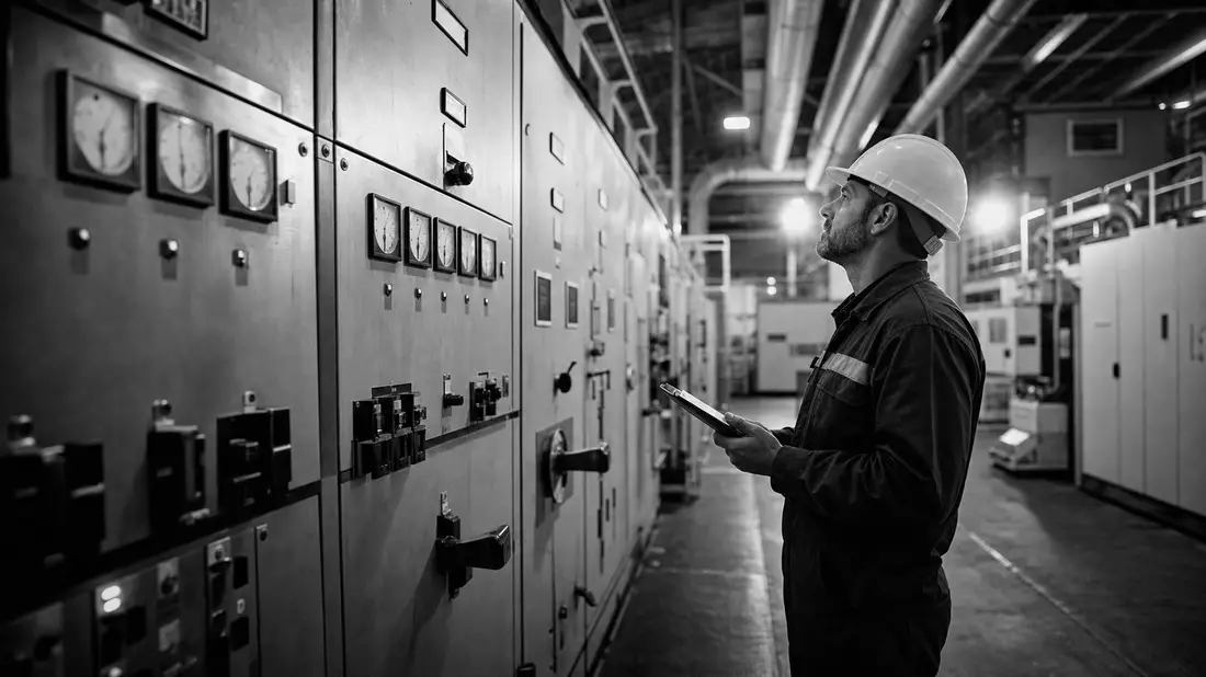 Black and white reportage photo of energy technician in hard hat inspecting power plant switchgear panels