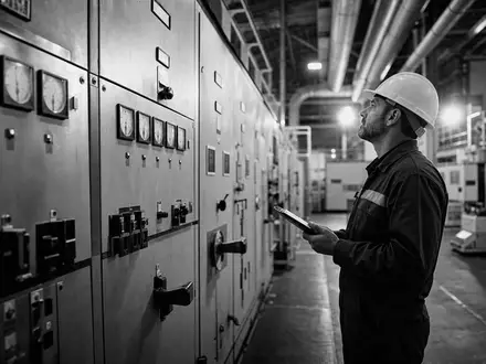 Fortum FI0009007132 Energietechniker mit Helm vor Schaltanlage im Kraftwerk der Schwarz-Weiß Reportage - Foto: THN