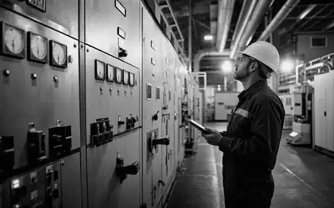 Fortum FI0009007132 Energietechniker mit Helm vor Schaltanlage im Kraftwerk der Schwarz-Weiß Reportage - Foto: THN