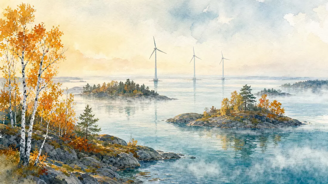 Watercolor painting of Finnish archipelago with wind turbines and autumn birch trees over calm Baltic sea