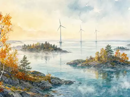 Fortum FI0009007132 finnische Schärenlandschaft mit Windrädern und Birkenwald als Aquarell Ostsee gemalt - Foto: THN