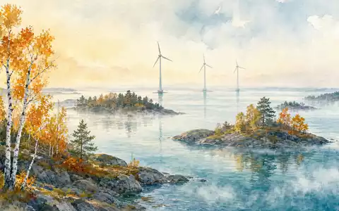 Fortum FI0009007132 finnische Schärenlandschaft mit Windrädern und Birkenwald als Aquarell Ostsee gemalt - Foto: THN