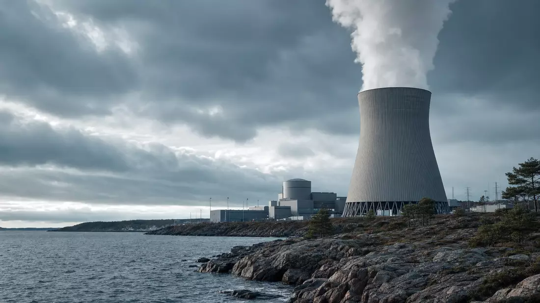 Architectural render of nuclear power plant cooling tower with steam plume at rocky Baltic coastline