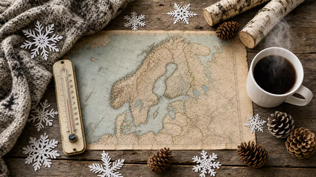 Overhead flatlay with vintage North Europe map, analog thermometer, snowflakes, birch logs and steam
