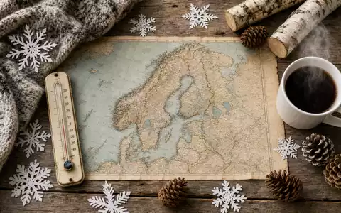 Fortum FI0009007132 Flatlay Nordeuropa Karte Thermometer Schneeflocken Holzscheite Wolle Kaffee Winter Tisch - Foto: THN
