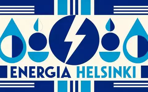 Fortum FI0009007132 Bauhaus-Poster abstrakte Wassertropfen und Funke in Blau-Cyan ENERGIA HELSINKI Text - Foto: THN