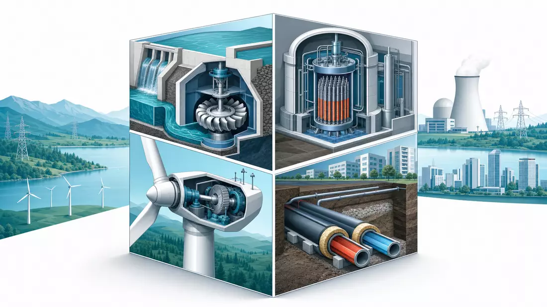 Isometric 3D illustration cube showing energy cross-sections: hydro turbine, nuclear reactor, wind turbine, district heating pipes