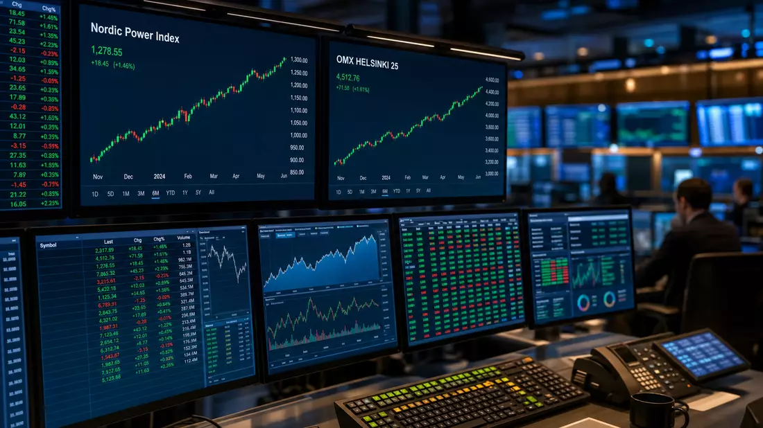 Editorial photo of trading monitors displaying Nordic Power Index and OMX Helsinki 25 charts in dark trading room