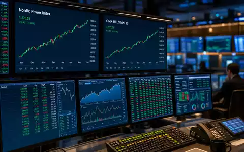 Fortum FI0009007132 Trading-Bildschirme zeigen Nordic Power Index und OMX Helsinki 25 Börsen-Charts - Foto: THN