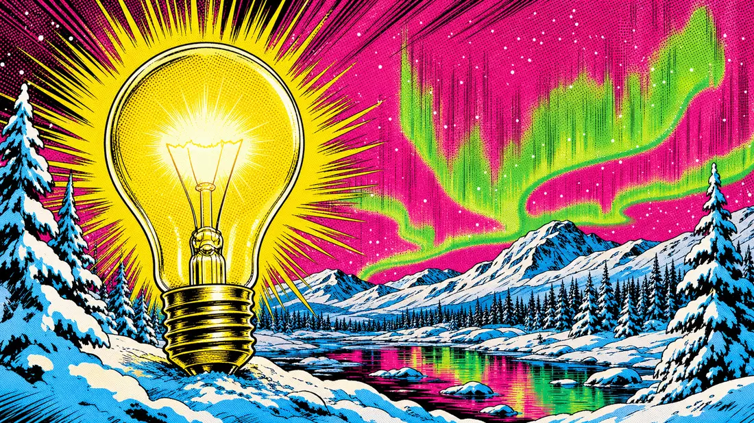Pop-art comic illustration of giant glowing light bulb in snowy Nordic winter landscape with aurora borealis