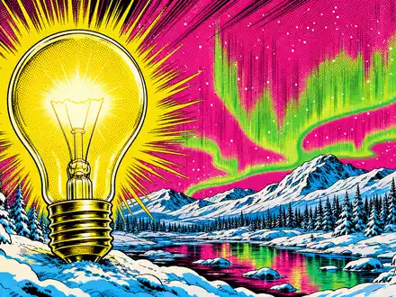 Fortum FI0009007132 Pop-Art leuchtende Glühbirne in nordischer Winterlandschaft mit Polarlicht Comic knallig - Foto: THN
