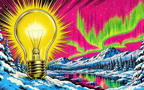 Fortum FI0009007132 Pop-Art leuchtende Glühbirne in nordischer Winterlandschaft mit Polarlicht Comic knallig - Foto: THN