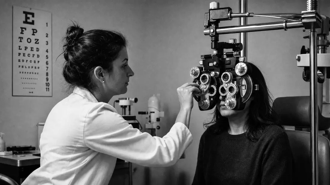 Black and white reportage photo of female optometrist measuring eye refraction with phoropter instru