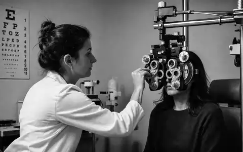 EssilorLuxottica FR0000033219 black-and-white reportage of optometrist using phoropter to examine patient's vision. - Foto: THN